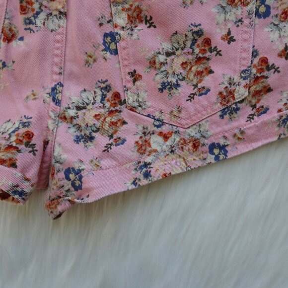 💰3/$25 Forever 21 Women's Floral Denim Jean Shorts Button Fly Pink Festival 30 - Picture 9 of 12